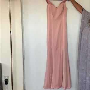 Dusty rose off the shoulder dress.